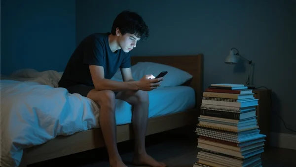 Adolescent penché sur un smartphone dans une chambre sombre, visage éclairé par la lueur de l'écran, seul au milieu d'une pile de cahiers et de livres ignorés