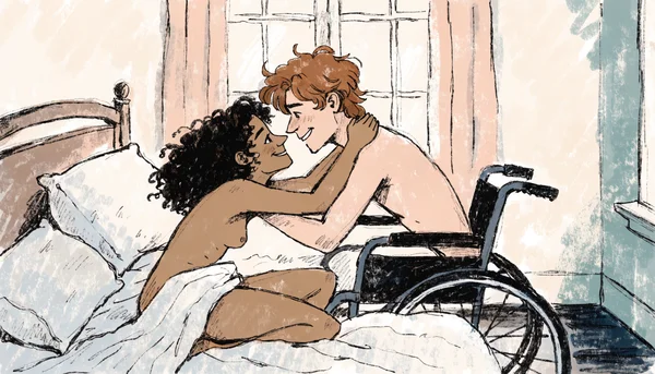 Couple nu s'enlaçant tendrement sur un lit, l'un des partenaires est en fauteuil roulant, corps entrelacés, ambiance intime