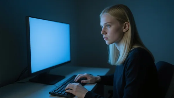 Jeune adulte regardant intensément un écran d'ordinateur diffusant une lueur bleutée dans une pièce sombre, mains posées sur le clavier