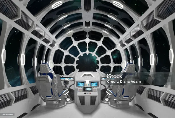 Illustration de l'intérieur du vaisseau spatial Orion avec hublots et poste de pilotage futuriste.