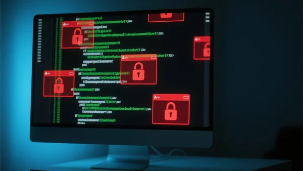 Vue rapprochée d'un écran d'ordinateur dans une pièce sombre, affichant des lignes de code informatique avec des alertes de sécurité rouges et des symboles de cadenas ouverts, éclairage bleuté et contrasté