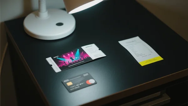 Écran de smartphone montrant l'interface d'achat d'un billet de concert avec le prix de base et une ligne de frais supplémentaires en surbrillance, vue en gros plan sur un bureau sombre, lumière tamisée de lampe de bureau