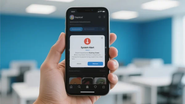Gros plan sur l'écran d'un smartphone affichant l'interface d'un réseau social avec un message d'alerte système indiquant la fermeture d'un service, fond flou d'un bureau moderne