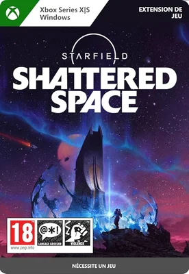 Illustration promotionnelle de l'extension Starfield: Shattered Space avec une structure futuriste et un personnage.