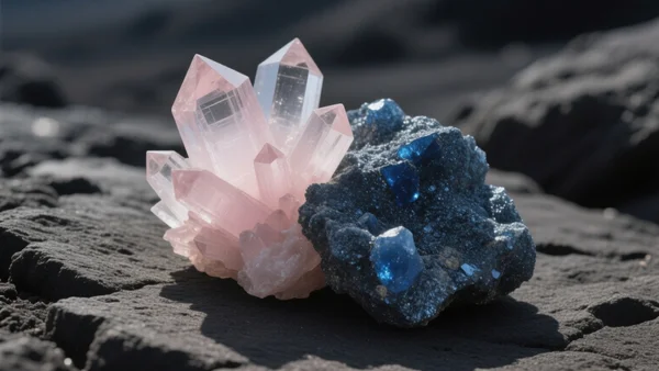 Vue rapprochée de minerais bruts et de cristaux de lithium et de cobalt posés sur une surface rocheuse sombre, éclairage contrasté mettant en valeur les textures minérales