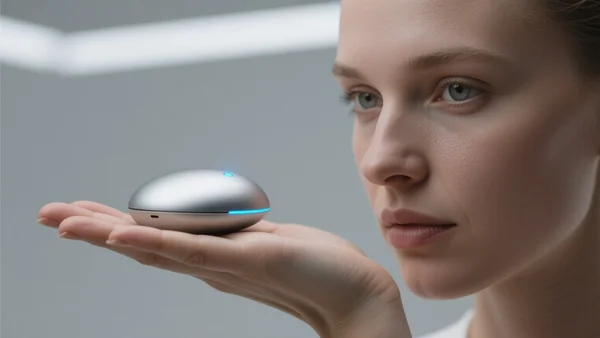 Un appareil technologique futuriste et minimaliste, sans écran visible, tenu dans une main humaine, avec une surface en métal brossé et un indicateur lumineux doux, fond neutre et moderne