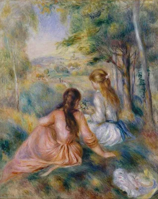 Deux jeunes femmes dans un paysage luxuriant, extrait de l'œuvre 'Dans le Pré' de Pierre-Auguste Renoir.