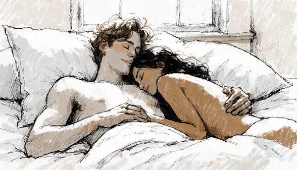 Homme et femme nus dans une position de câlins intimes sur un lit, la femme est allongée contre le torse de l'homme qui l'enlace, la scène est calme et non sexuelle, favorisant la détente