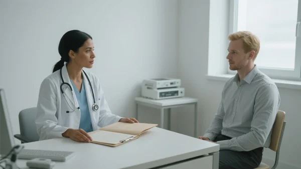 Femme médecin en blouse blanche consultant un patient dans un cabinet médical lumineux, stéthoscope autour du cou, dossier médical à la main