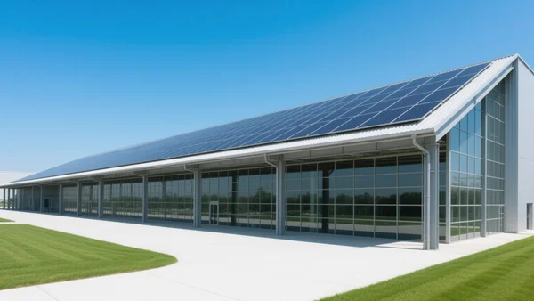 Vue d'ensemble d'une usine moderne et lumineuse avec des structures métalliques et des panneaux solaires sur le toit, sous un ciel bleu clair
