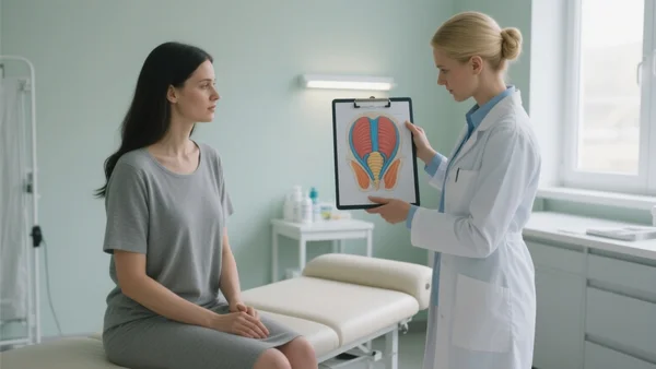 Séance de rééducation périnéale, kinésithérapeute expliquant un schéma anatomique du plancher pelvien à une patiente assise