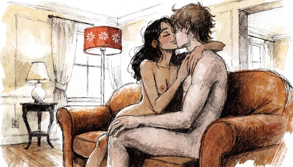 Groupe d'amis nus dans un salon chaleureux, certains en discussion sur un canapé, d'autres en train de s'embrasser, ambiance intime et décontractée de soirée privée