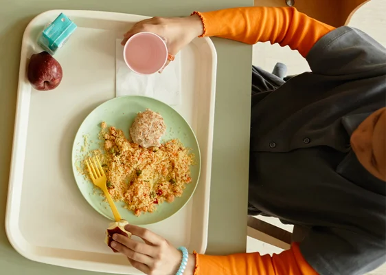 Un repas composé de riz, de viande et d'une pomme sur un plateau.