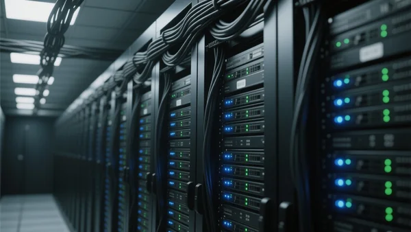 Vue rapprochée de rangées de serveurs informatiques dans un centre de données sombre, avec des lumières LED bleues et vertes clignotantes et des câbles organisés