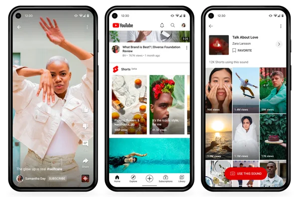 Écrans mobiles montrant l'interface YouTube Shorts et les vidéos.