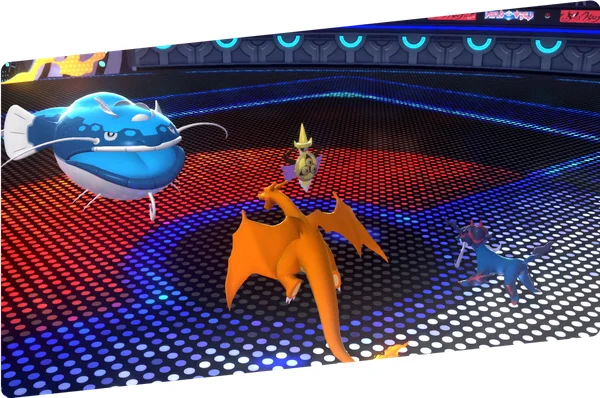 Wailord, Aegislash, Charizard et Lucario prêts à combattre dans une arène au design futuriste.