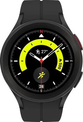 La montre Galaxy Watch5 Pro en titane noir affichant des données de fitness et de navigation.