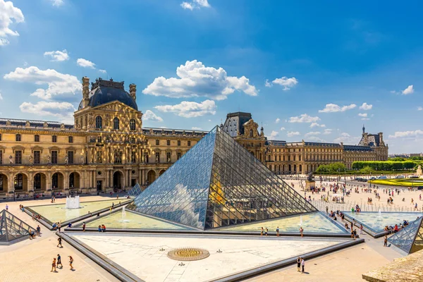 Le Louvre avec sa pyramide, les fontaines et la façade historique sous un ciel bleu avec quelques nuages.