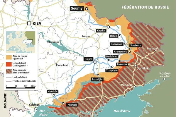 Carte des zones de conflit et d'occupation dans l'est de l'Ukraine.
