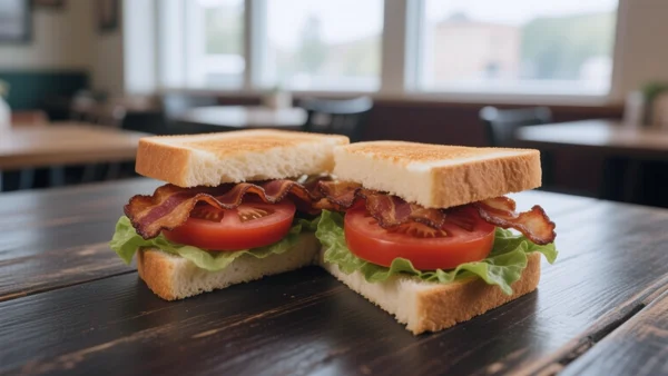 Sandwich BLT ouvert montrant des tranches de tomates charnues, du bacon croustillant et de la laitue fraîche sur du pain grillé, lumière naturelle de restaurant