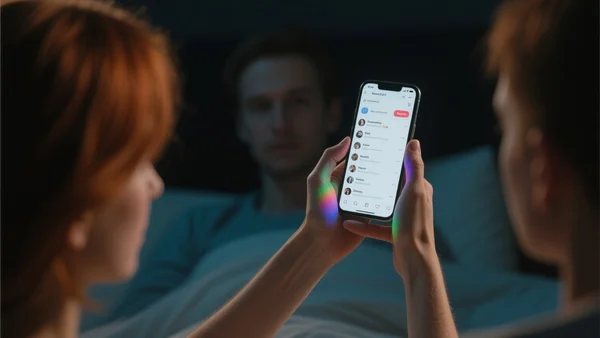 Mains d'un adolescent tenant un smartphone en mode portrait, l'écran diffuse la lumière colorée d'un fil Instagram défilant, visage flou en arrière-plan, ambiance nocturne de chambre sombre