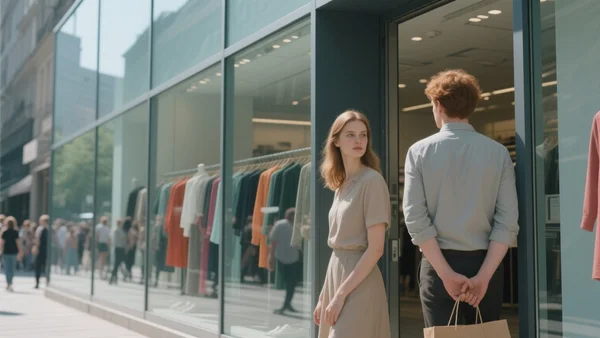 Vue d'ensemble d'une devanture de magasin de vêtements moderne et bondée, avec des clients entrant et sortant, lumière du jour urbaine