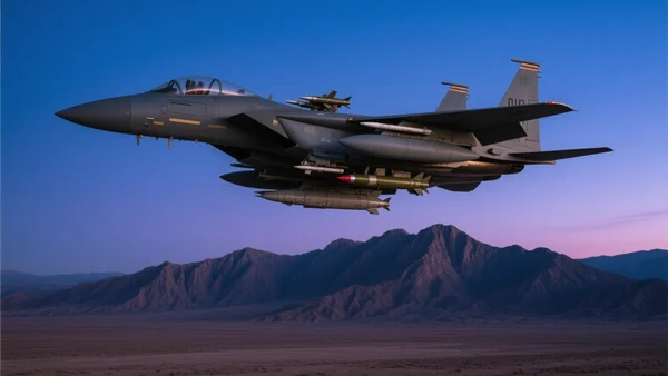 Chasseur F-15E en vol au crépuscule, ailes chargées de missiles, survolant un relief montagneux aride