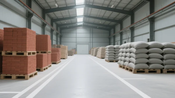 Vue d'ensemble d'un entrepôt de matériaux de construction avec des allées marquées au sol et des palettes de briques et de sacs de ciment, lumière naturelle filtrant depuis le plafond industriel