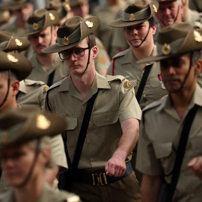 Des militaires en uniforme khaki et chapeaux slouch défilant en formation.