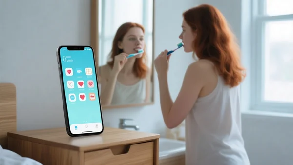 Un smartphone posé sur une table de chevet affichant des icônes d'applications de santé, avec une jeune femme floue en arrière-plan se brossant les dents, lumière naturelle du matin