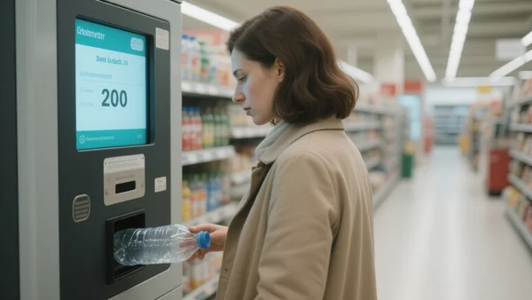 Machine de collecte de bouteilles dans un supermarché allemand, un client insère une bouteille en plastique dans la fente, écran lumineux affichant le crédit, allées de magasin en arrière-plan flou