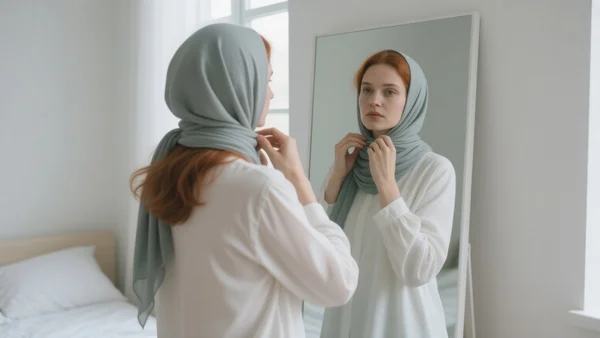 Mains de femme ajustant son hijab devant un miroir, reflet de son visage calme, chambre sobre éclairée par une fenêtre
