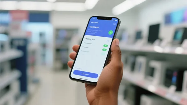 Main d'un jeune adulte tenant un smartphone sur lequel s'affiche une application de paiement, fond flou d'une boutique d'électronique