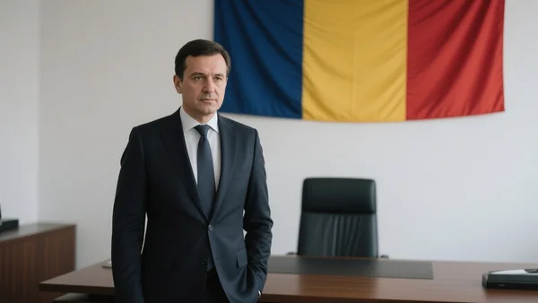 Portrait du président roumain Nicuşor Dan en costume-cravate, debout dans un bureau officiel avec un drapeau roumain en arrière-plan, éclairage sobre et sérieux