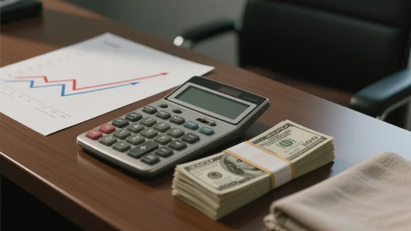 Gros plan sur une calculatrice et des liasses de billets de banque posées sur un bureau, avec un graphique imprimé montrant des courbes de croissance divergentes, lumière de bureau tamisée