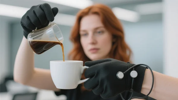 Premier plan flou d'une main portant un gant tactile noir, en train de verser du café dans une tasse blanche, capteurs et câbles visibles, arrière-plan de bureau moderne