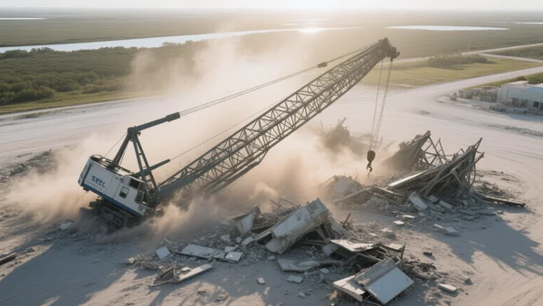 Vue aérienne du site Starbase de SpaceX à Boca Chica, Texas, avec une grue métallique effondrée au sol parmi des débris, poussière soulevée, lumière du matin