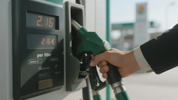 Gros plan sur une pompe à essence affichant 2,16 € le litre, main d'un automobiliste tenant le pistolet, lumière froide d'une station-service en extérieur