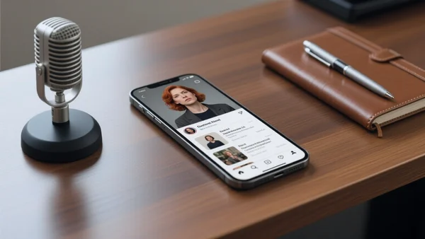 Un smartphone posé sur un bureau de rédaction, l'écran affichant un profil de réseau social avec une photo de journaliste et un flux de publications, entouré d'un micro de radio et d'un carnet de notes