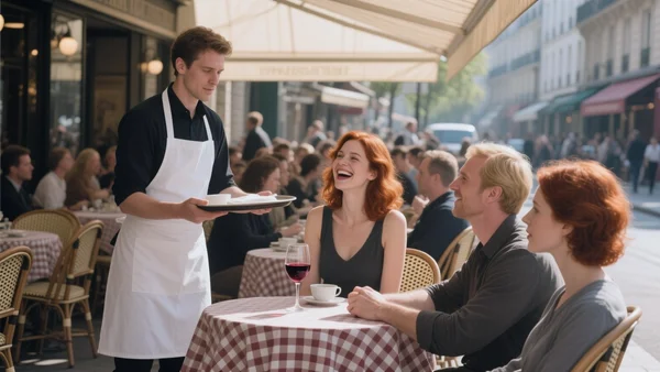 Grande brasserie parisienne avec terrasse bondée en journée, serveurs en tablier blanc, verres de vin sur des nappes à carreaux, lumière naturelle filtrée par l'auvent
