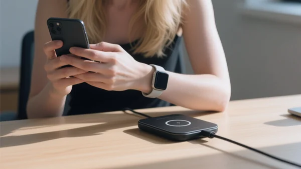 Main posant un smartphone et une montre connectée sur un chargeur sans fil pliable en noir, sur un bureau en bois, lumière naturelle