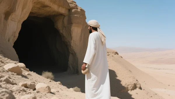 Vue d'une grotte sombre dans une falaise de calcaire au-dessus du désert de Judée, avec un berger bédouin en robe traditionnelle, une pierre à la main, paysage aride et ciel bleu pâle