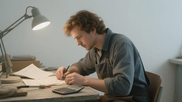 Artisan en tenue de travail, assis à un bureau modeste, calculatrice et factures de carburant étalées devant lui, lumière de lampe de bureau, expression concentrée