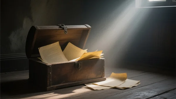 Vieille malle en bois entrouverte dans une pièce sombre, des feuilles de papier jaunies dépassent, un rai de lumière poussiéreuse éclaire les documents