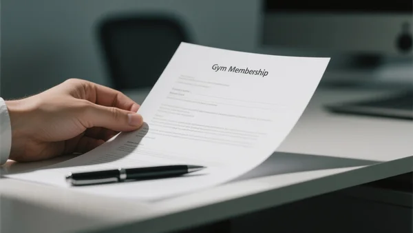 Gros plan sur une main tenant un contrat de salle de sport, un stylo posé à côté, éclairage tamisé de bureau