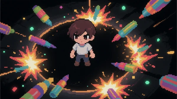 Personnage pixel-art dans un jeu Bullet Heaven, entouré de projectiles colorés qui explosent en cercle, fond sombre avec particules lumineuses, vue de dessus, style rétro 2D