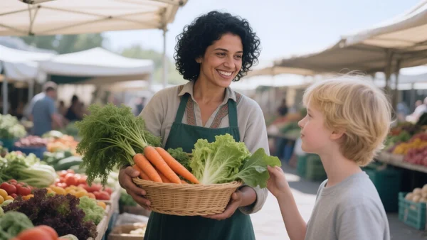 Paysanne souriante tendant un panier de légumes bio à une jeune cliente sur un marché de producteurs, plein air, lumière naturelle, étals colorés de carottes et salades