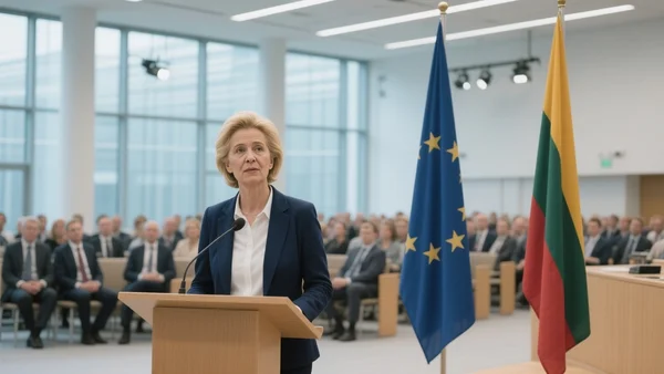 Ursula von der Leyen au pupitre à Vilnius, drapeaux de l'UE et de la Lituanie en arrière-plan, public attentif dans une salle moderne
