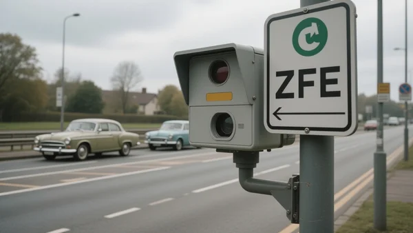 Radar automatique sur une route urbaine avec panneau ZFE, voitures anciennes circulant en arrière-plan, ciel couvert