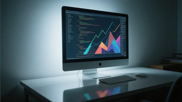Interface d'ordinateur affichant des lignes de code et des graphes géométriques abstraits, écran rétroéclairé dans une pièce sombre, reflets sur la surface du bureau